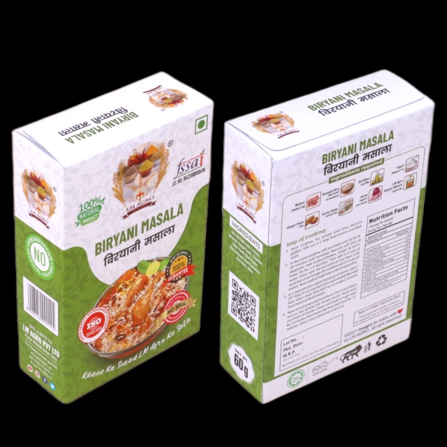 LM Agro Biryani Masala 60 g pack, front and back