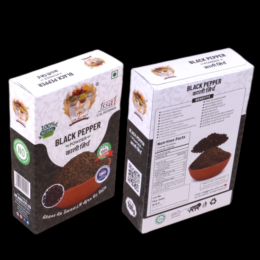 LM Agro Black Pepper Powder (काली मिर्च पाउडर) pack — made in Patna, Bihar