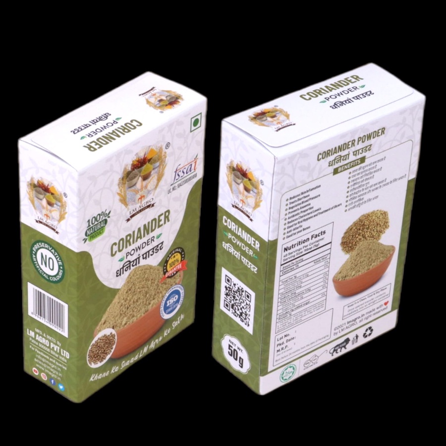 LM Agro Coriander Powder (धनिया पाउडर) pack — made in Patna, Bihar